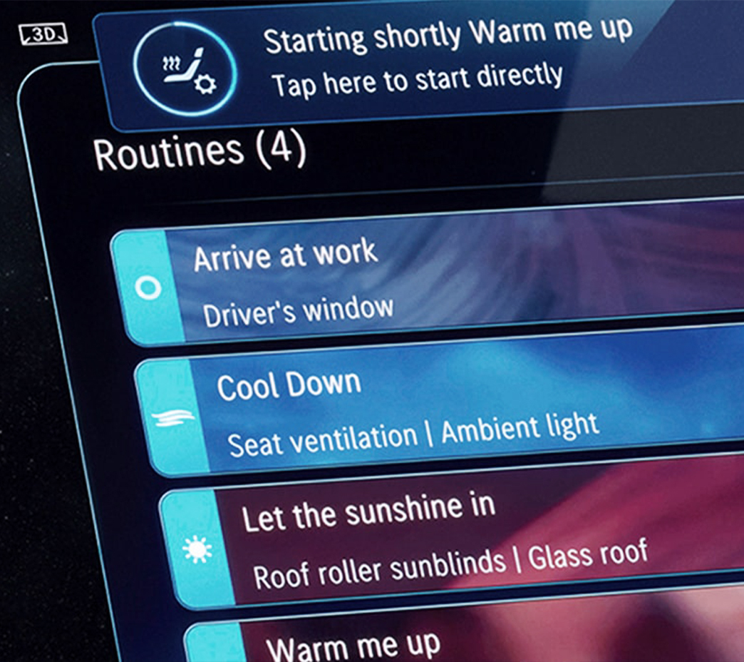 La fonction Routines de MBUX vous permet d’automatiser des fonctions que vous utilisez tous les jours selon votre emplacement, les conditions et d’autres paramètres, pour par exemple activer le chauffage des sièges quand il fait froid ou faire jouer votre chanson préférée du vendredi soir.
