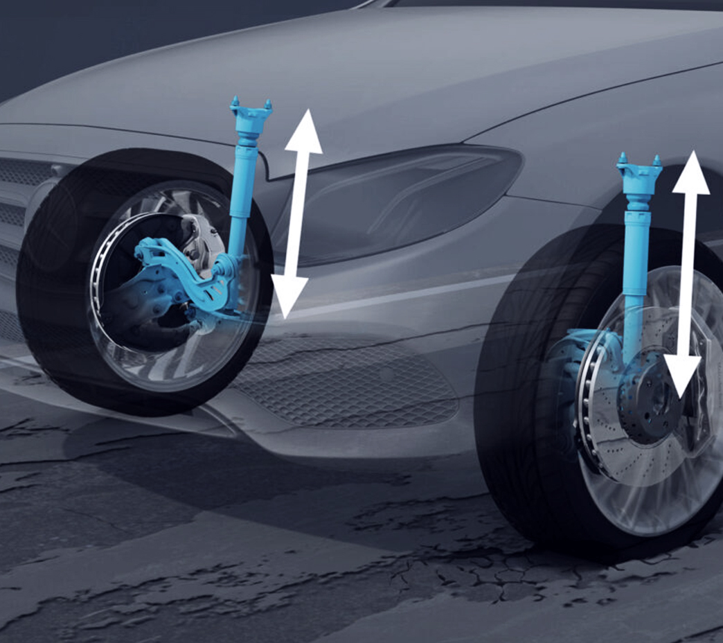 Multimode AIRMATIC suspension can adapt to roads, cargo loads and driving modes. The ride height can be raised for off-road ruts, or self-lower at highway speeds.