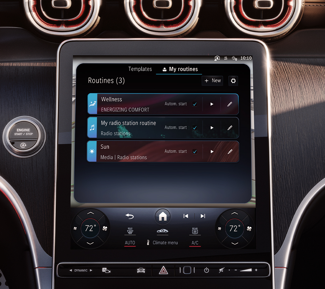 MBUX (l’expérience utilisateur Mercedes-Benz) de 3e génération offre un assistant vocal virtuel réaliste basé sur l’IA. Les routines vous permettent d’automatiser les fonctions quotidiennes en fonction de l’emplacement, des conditions ou d’autres paramètres.