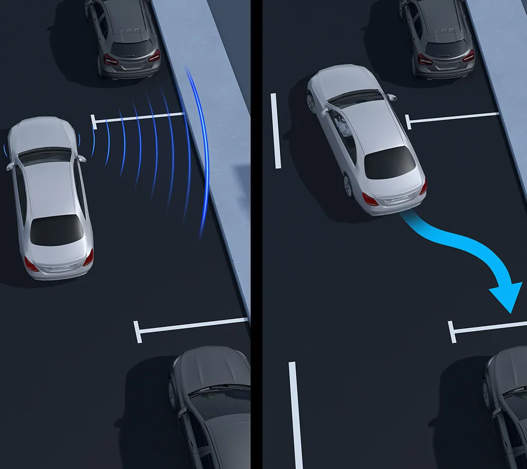 Pour faciliter les manœuvres dans des espaces restreints, de multiples caméras peuvent faire équipe afin d’offrir une vue aérienne virtuelle sur l’écran du tableau de bord. Des technologies supplémentaires peuvent aussi procéder au stationnement mains libres de votre GLE.